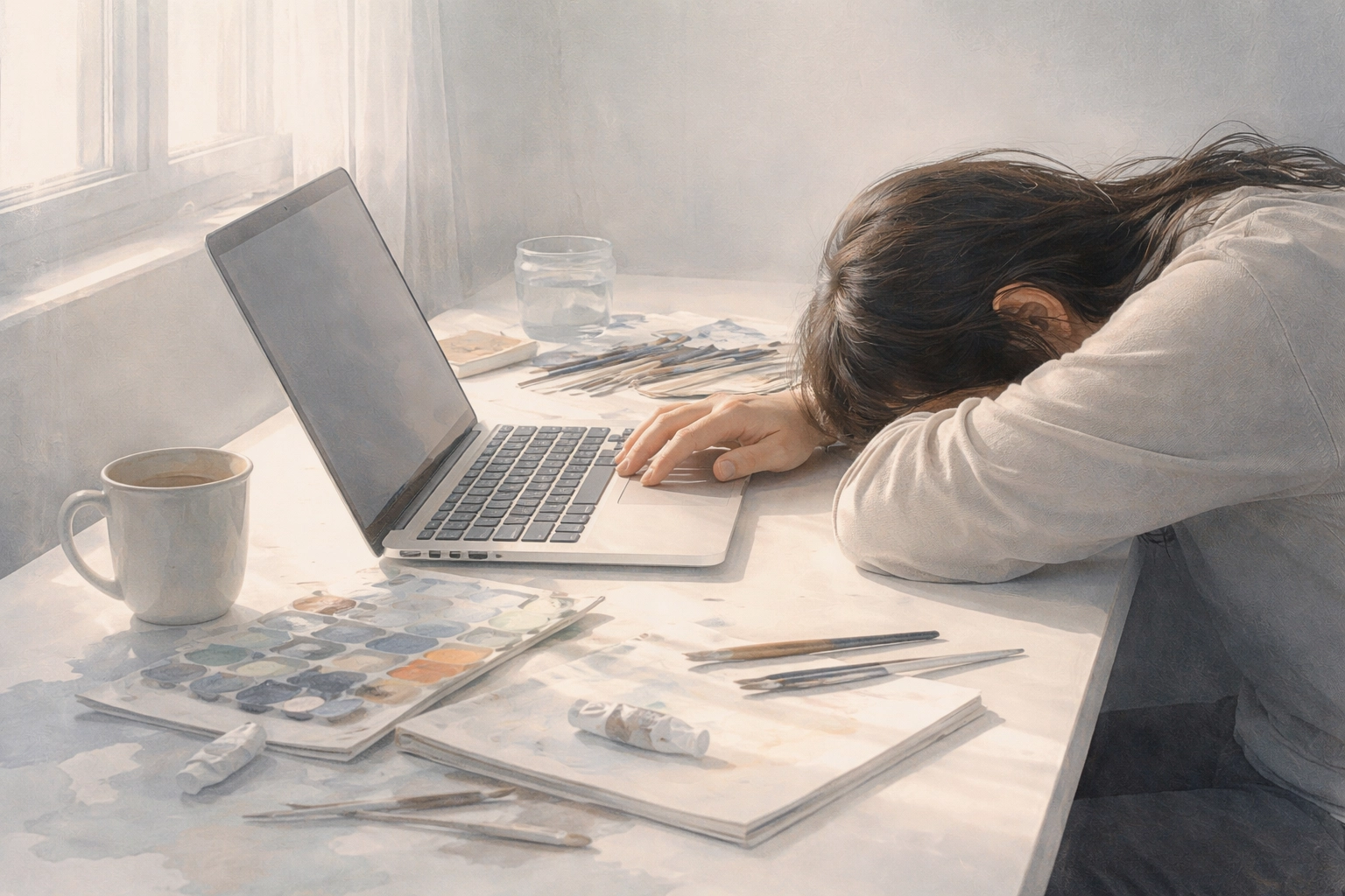 Exhausted creative at workspace experiencing burnout with laptop and scattered art supplies