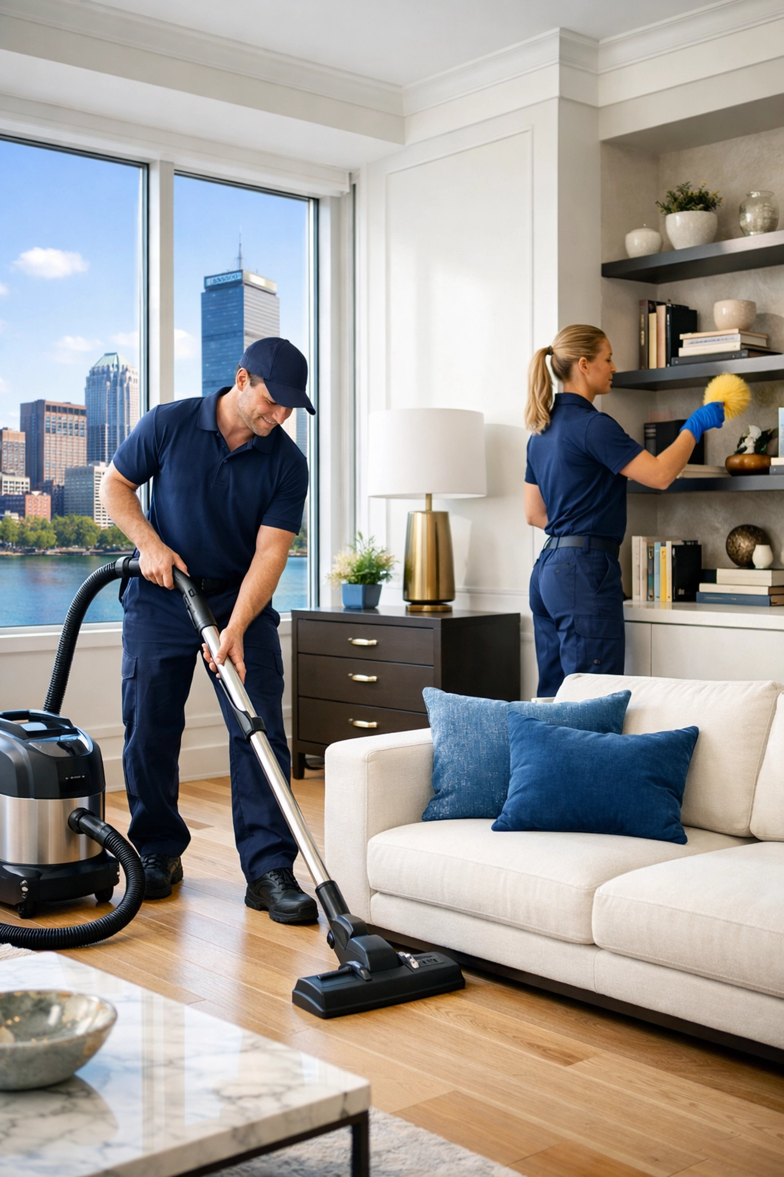 Expert team performing precision vacuuming and dusting for an Apartment Cleaning Boston client.