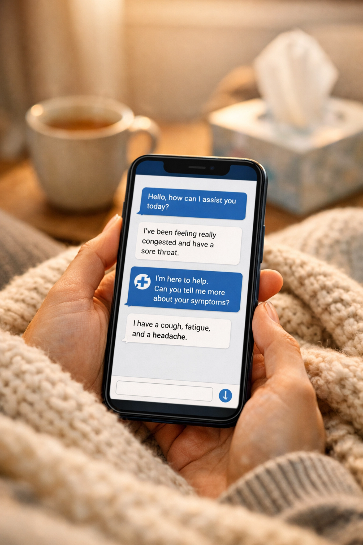 Secure medical messaging with an online doctor for cold and flu treatment while resting at home.