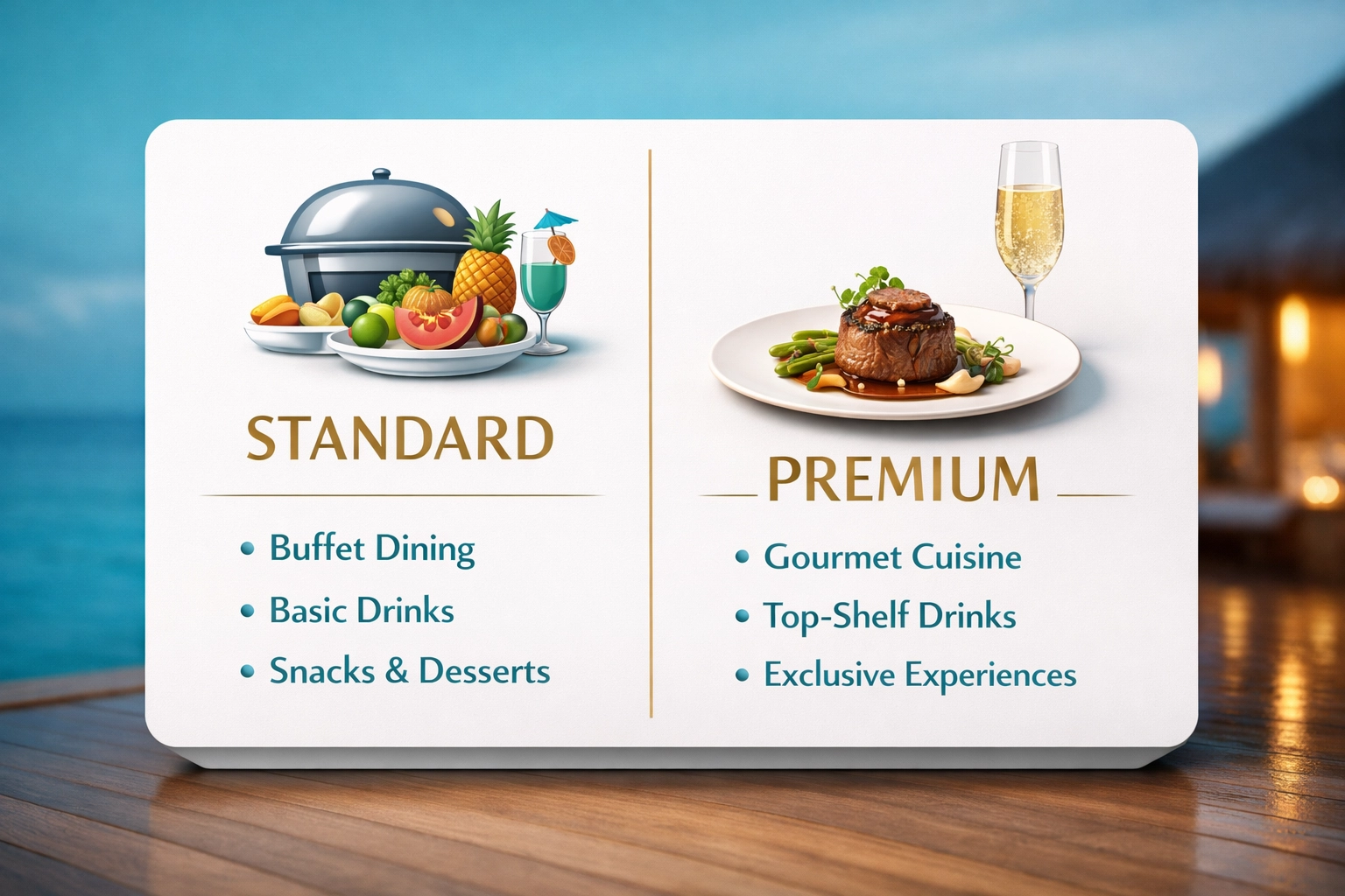Comparison of standard and premium all-inclusive dining options at Maldives luxury resorts.
