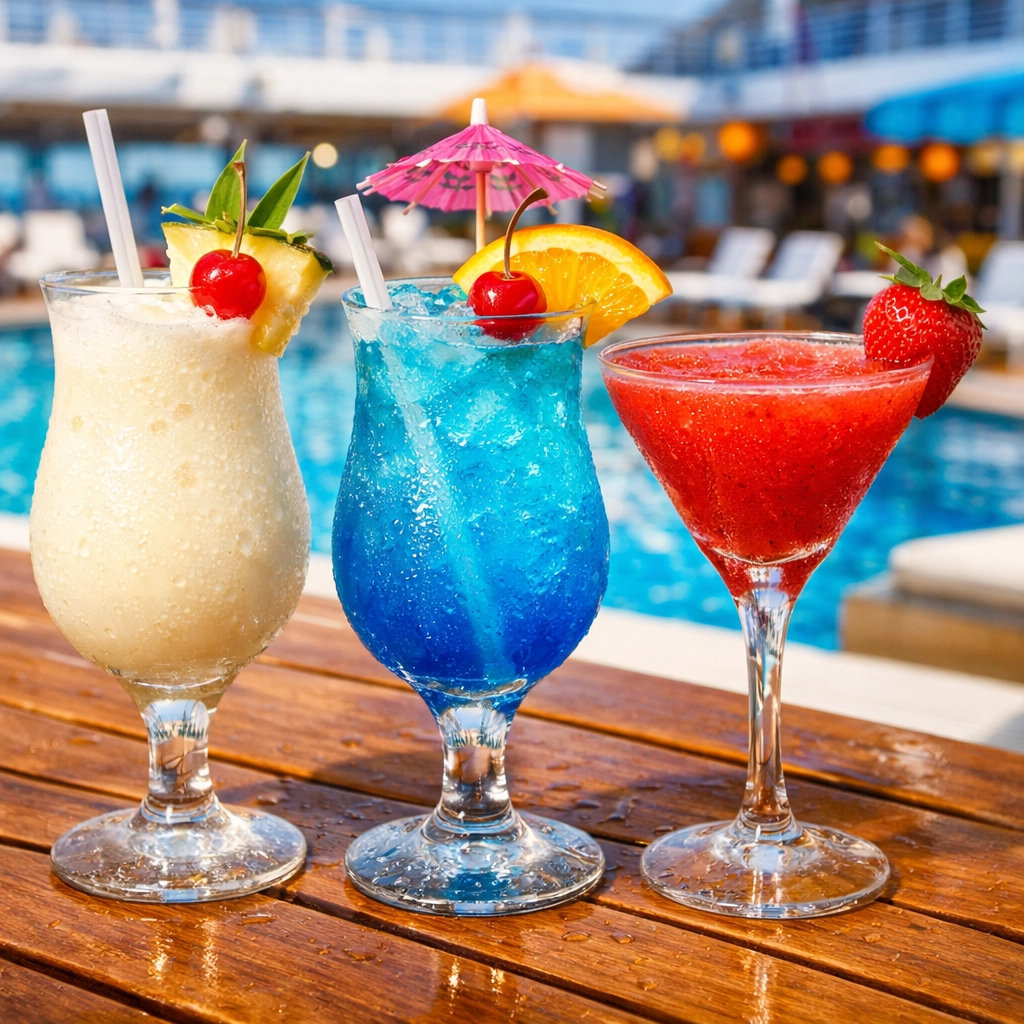 Tropical cocktails by a luxury cruise ship pool, highlighting group cruise drink package deals.