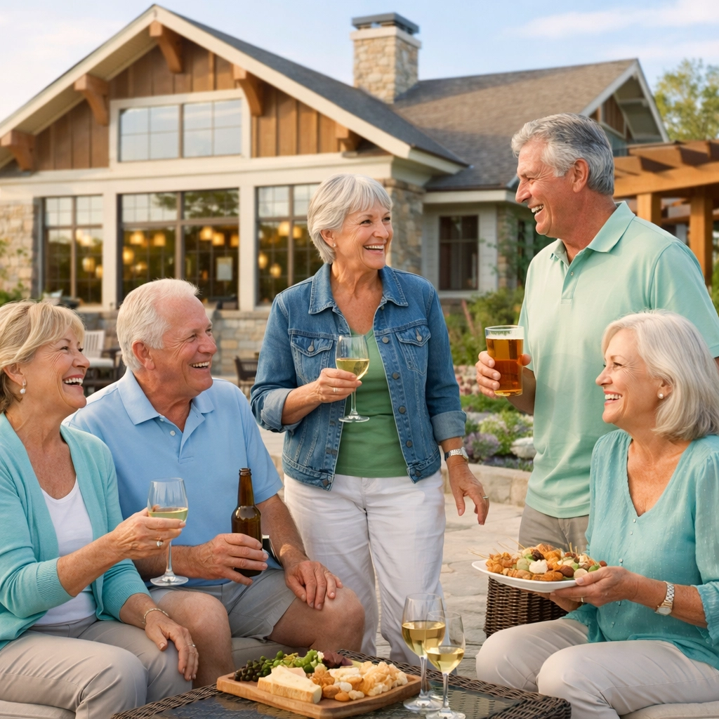Active seniors socializing at a luxury 55 and over community clubhouse in Bucks County PA.