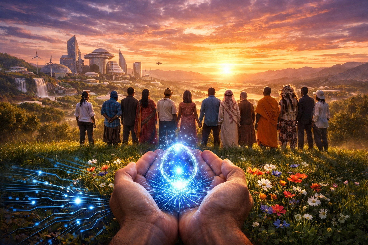 Diverse people holding a glowing digital seed that grows into nature, symbolizing Larecoin's global social impact.