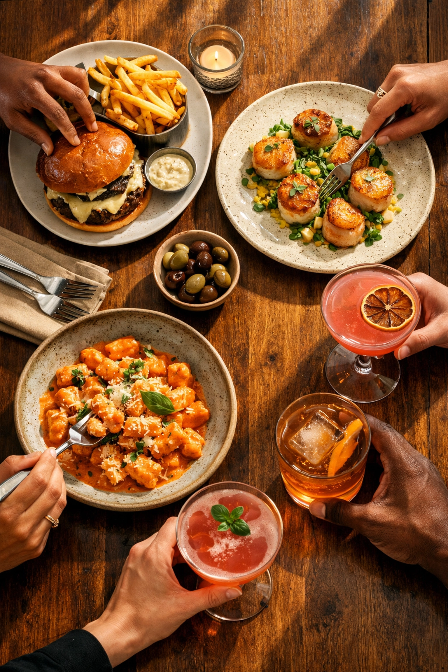 Upscale restaurant menu spread featuring truffle burger, scallops, gnocchi and craft cocktails