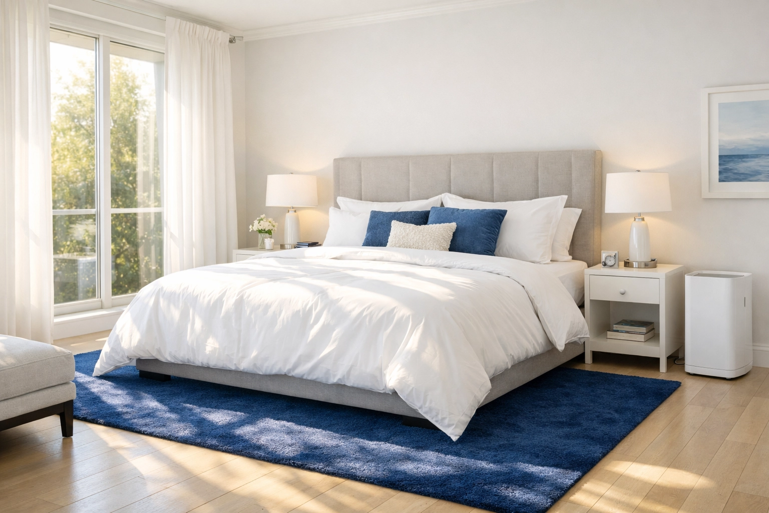 Clean master bedroom with an air purifier, reflecting high air quality after a construction project.