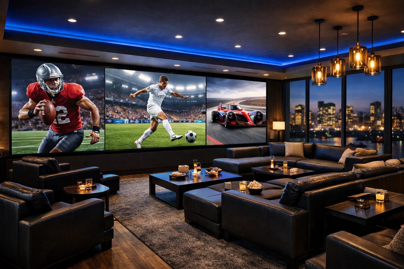 Modern event media lounge with a large display and premium seating designed for immersive corporate viewing experiences.