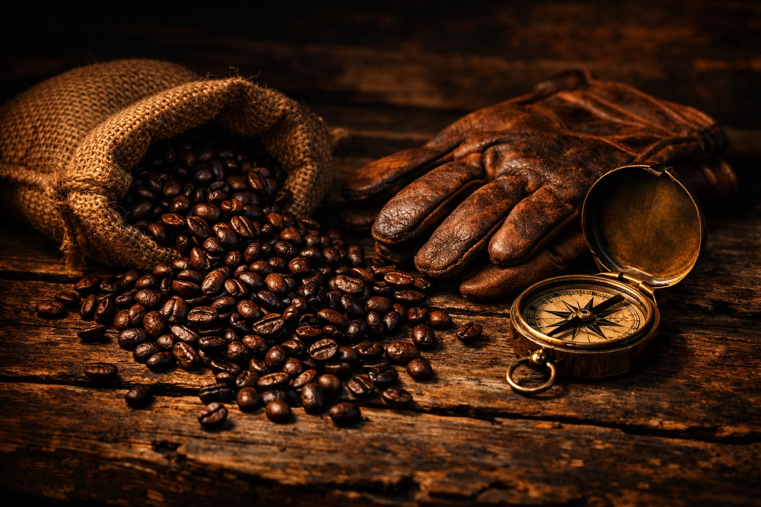 Dark-roasted Team Whiskey coffee beans spilling from a burlap sack next to rugged sportsman gear.