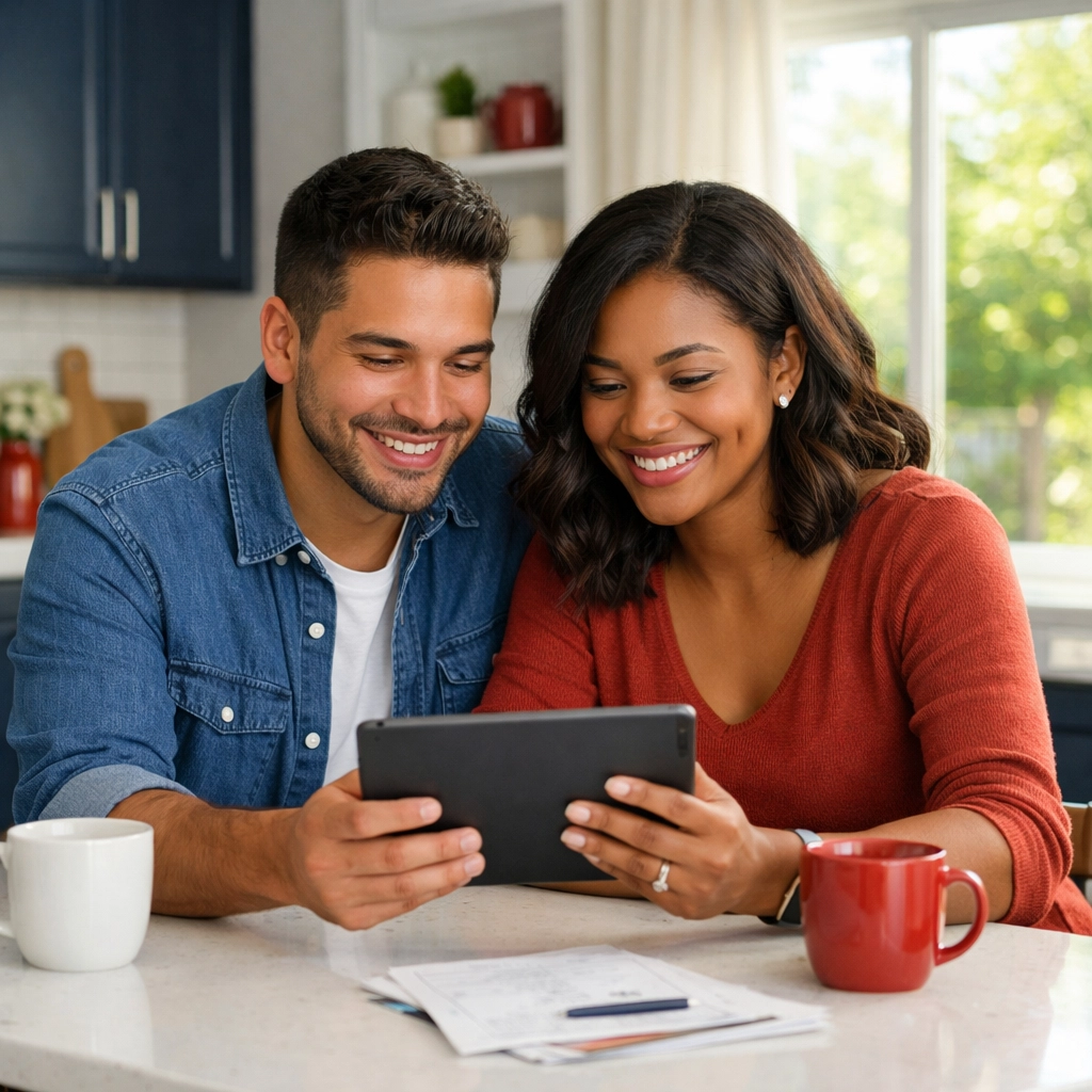 Texas couple in Clear Lake reviewing their improved credit score on a digital tablet at home.