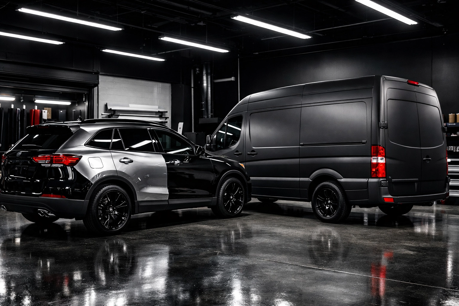 Comparison of a full matte van wrap and a partial SUV wrap in a professional shop.