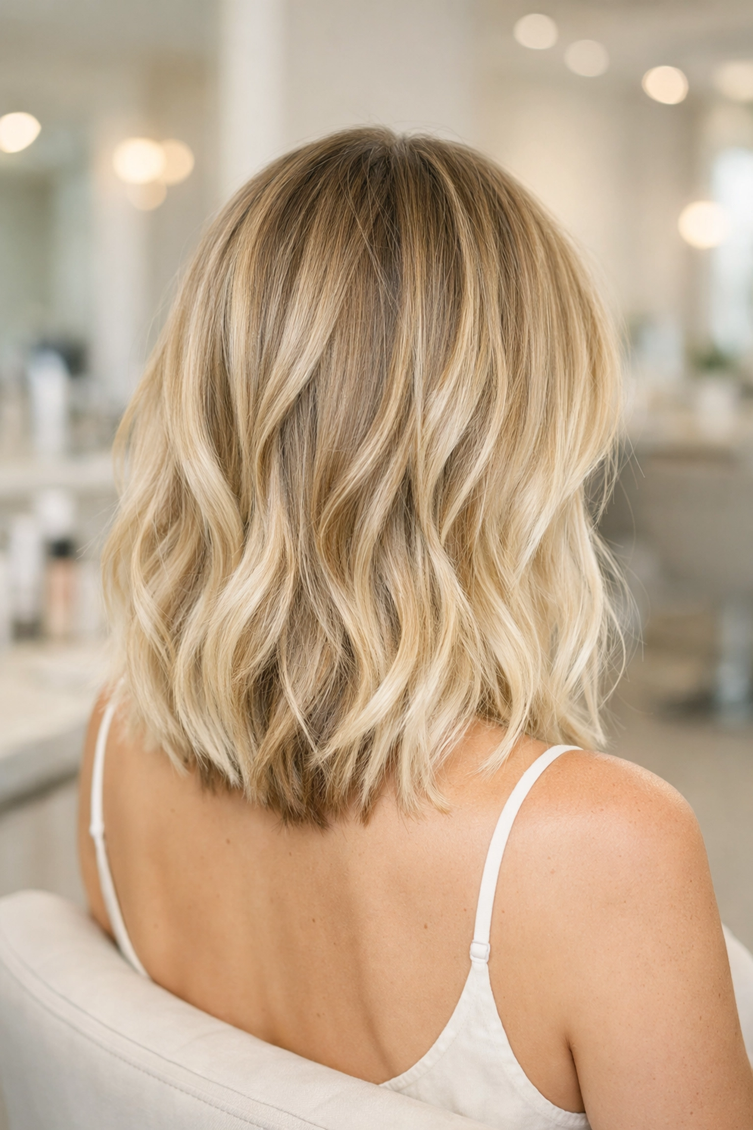 Lived-in blonde balayage styled in effortless beach waves at a professional hair salon in Concord.