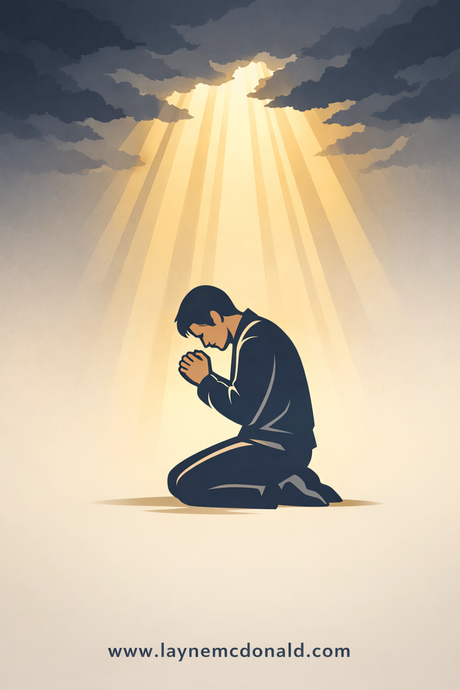 Person kneeling in prayer as divine light breaks through storm clouds during spiritual healing