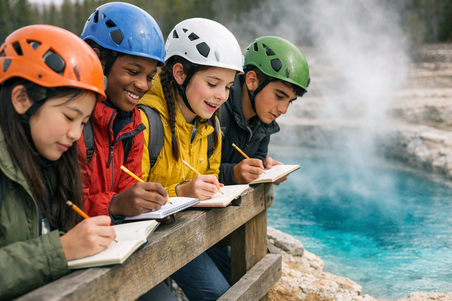Students observing and documenting thermal features during educational trip to Yellowstone