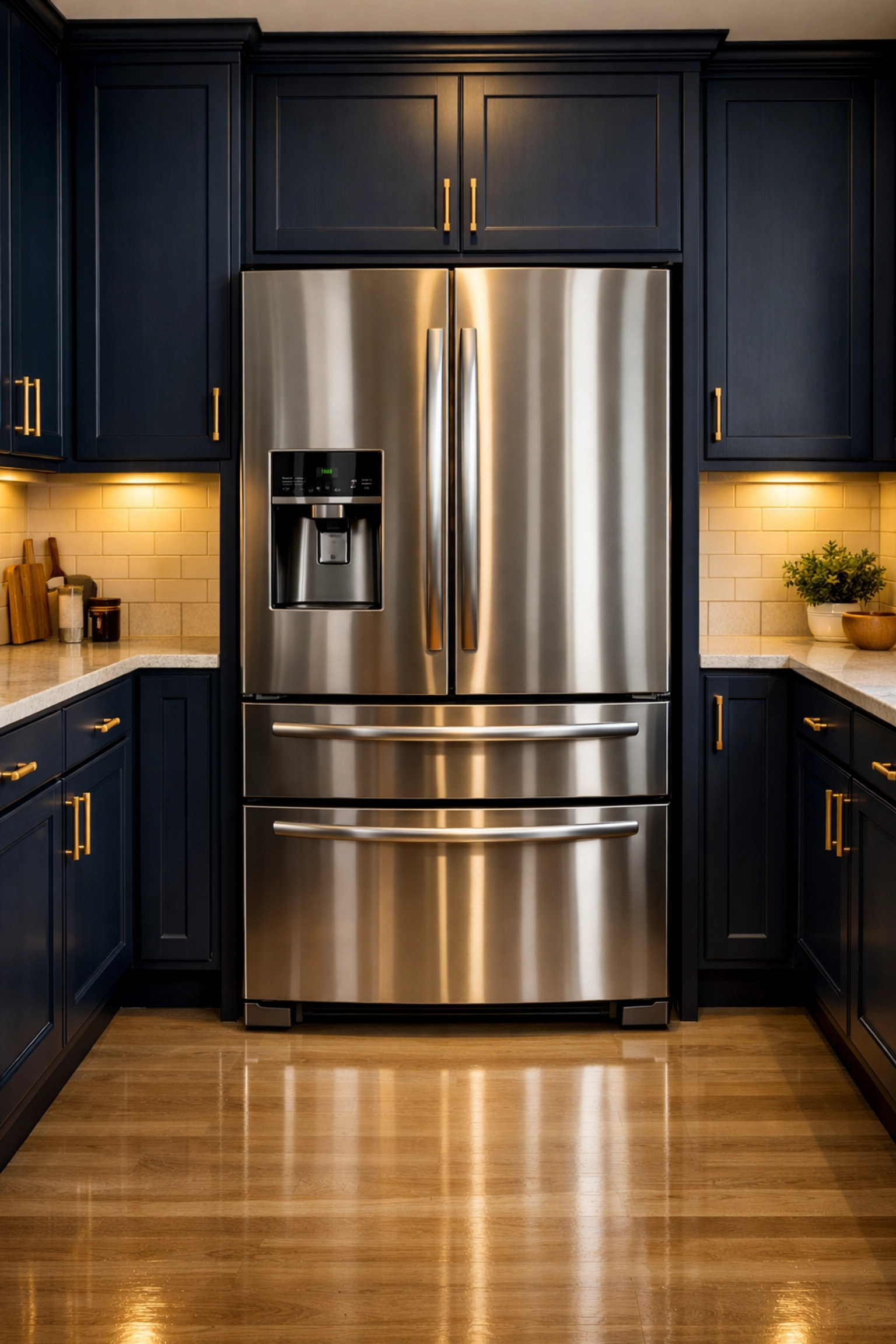 A polished stainless steel refrigerator in a modern kitchen with clean floors and bright lighting.