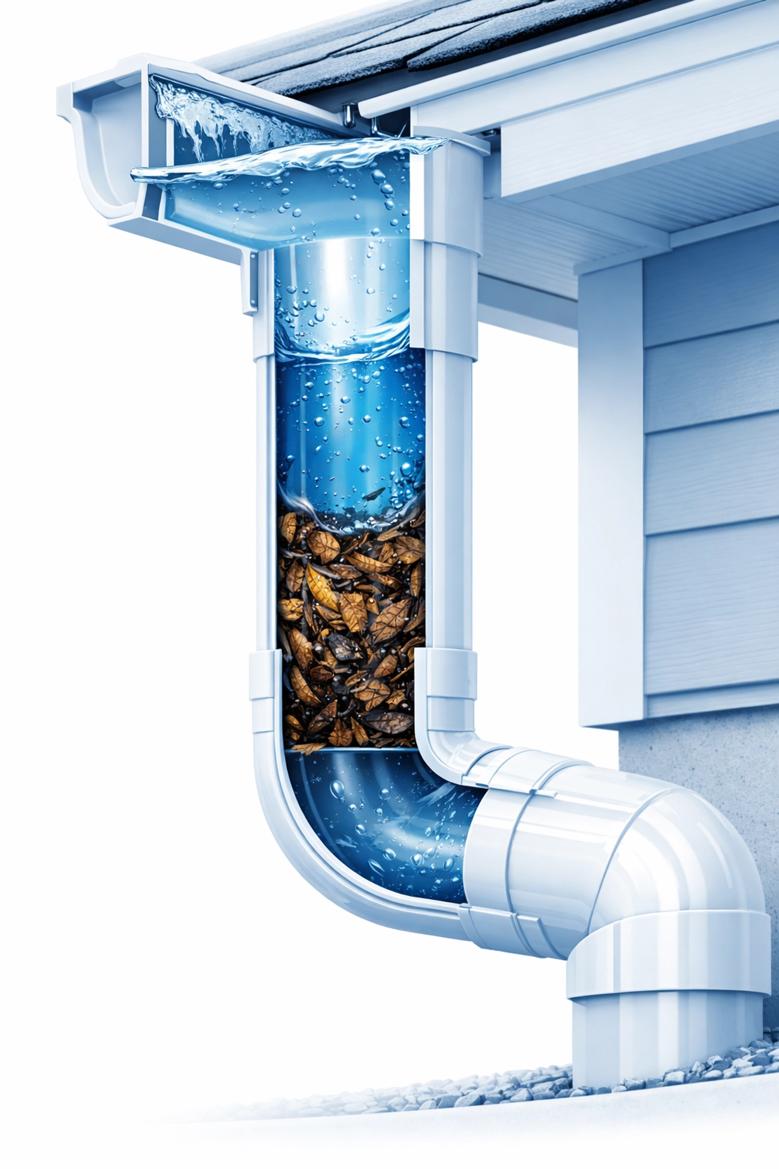 Cross-section view of blocked downspout showing leaf debris causing water backup