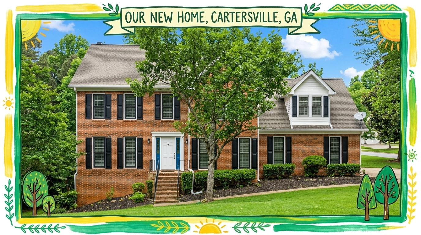 A traditional Cartersville farmhouse-style home near a tree-lined street with a welcoming front porch and spring landscaping, accented with playful hand-drawn color details.