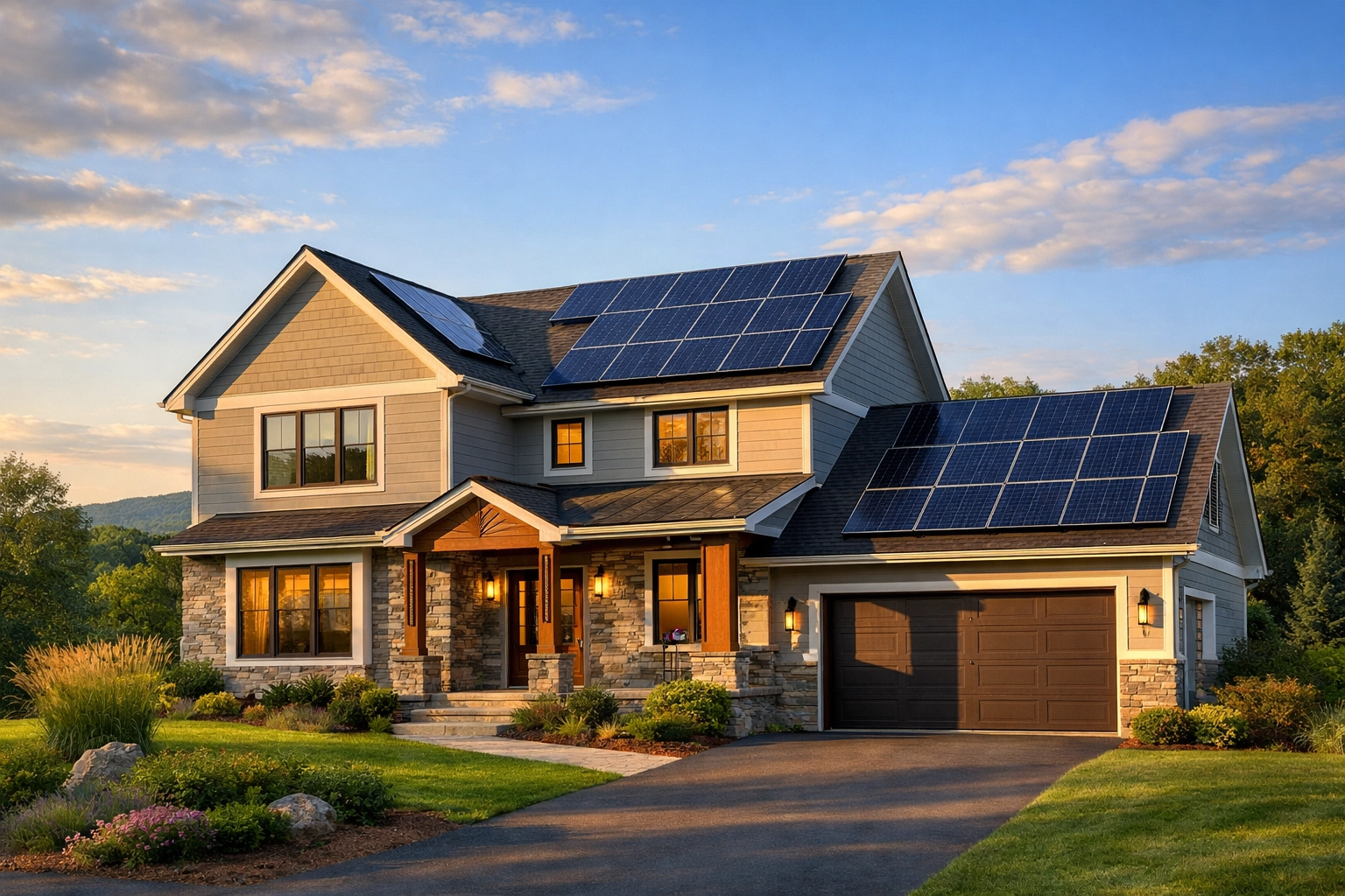 [HERO] Real Hudson Valley/Westchester home with a modern rooftop solar installation at golden hour