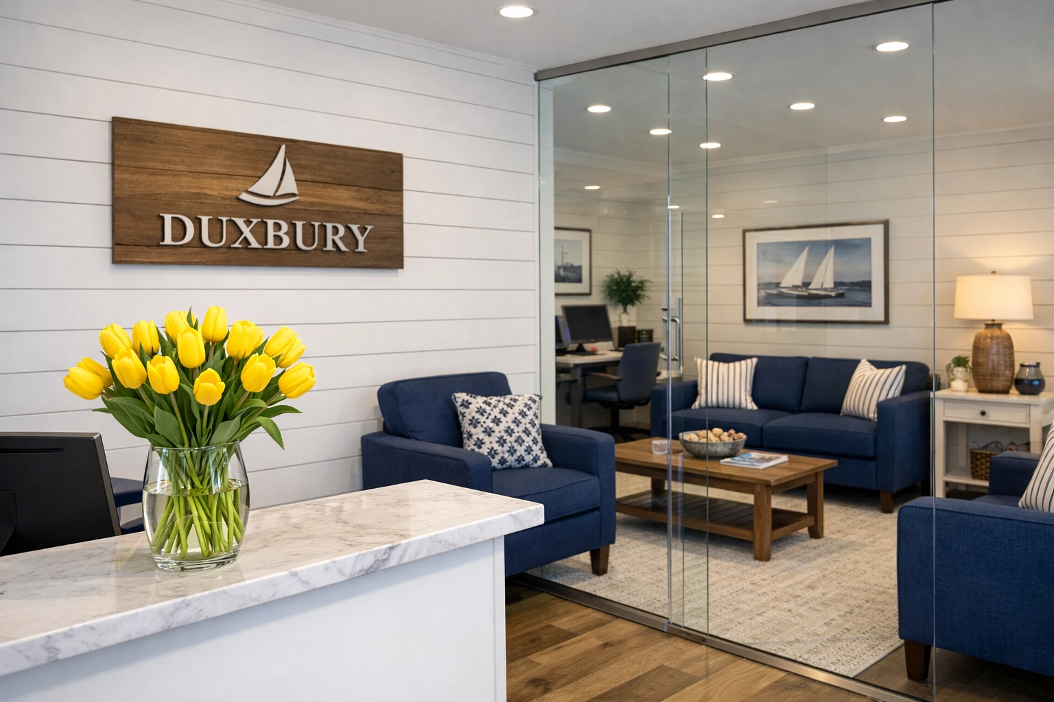 Meticulously maintained coastal-themed commercial reception area in a Duxbury office building.