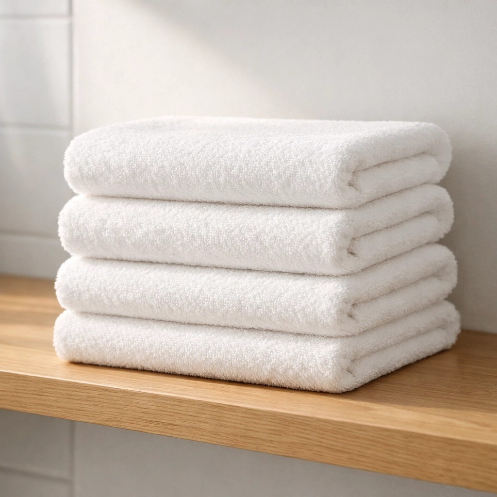 Neatly stacked white towels on a wooden shelf representing perfect hospitality room setup.