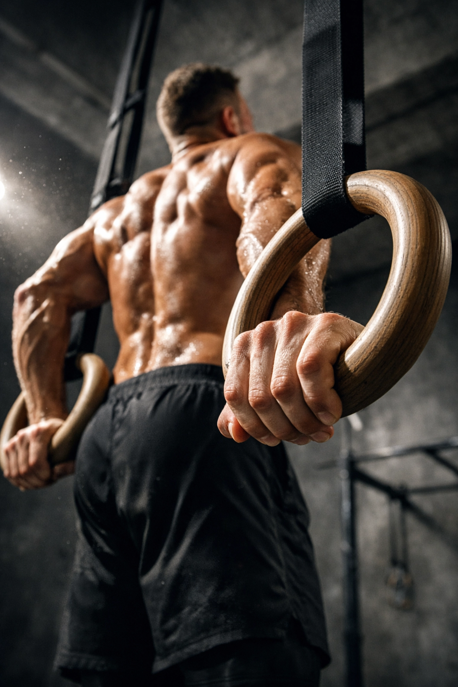 Athlete performing a muscle-up on wooden gymnastic rings, the gold standard for home gym resistance training.