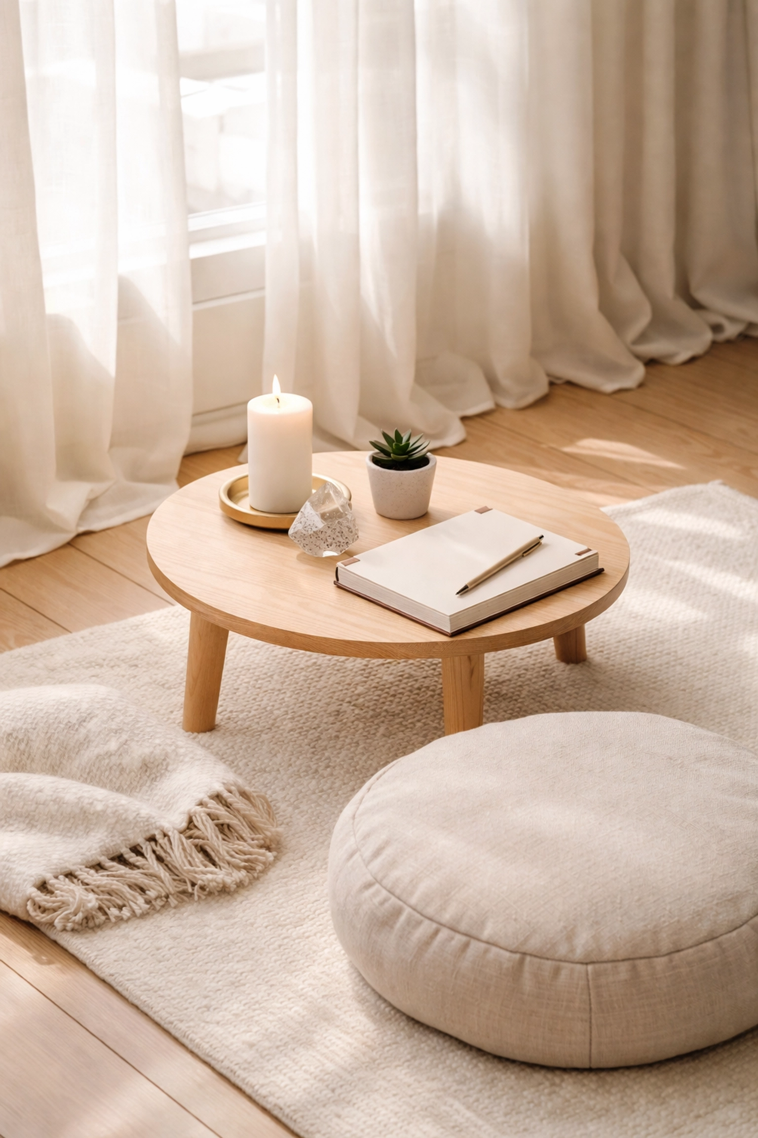 A tranquil modern meditation space with candle, crystal, journal, and cushion, reflecting spiritual guidance practices