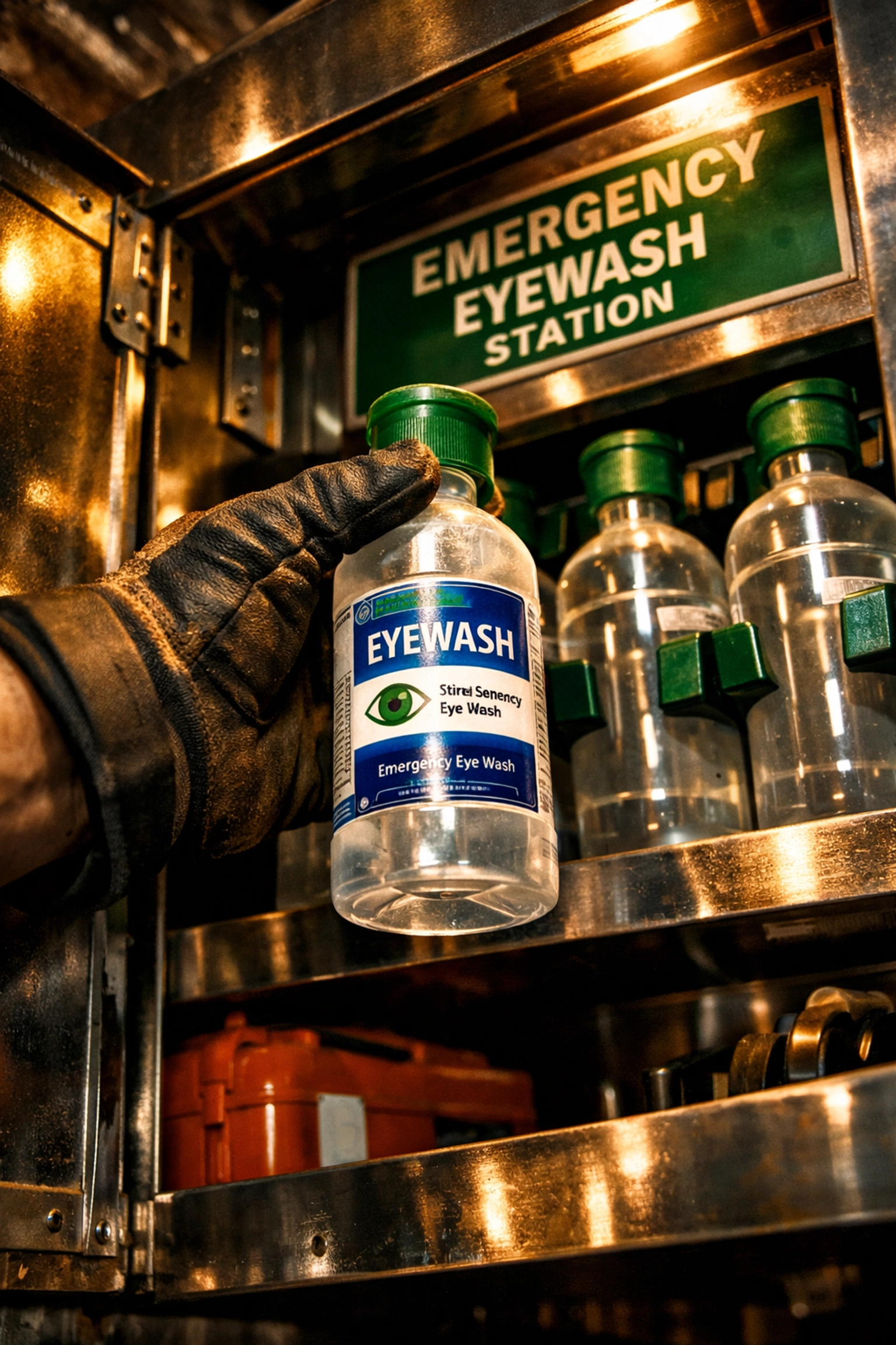 Technician stocking sterile eyewash in a wall-mounted safety cabinet in Northern Indiana.