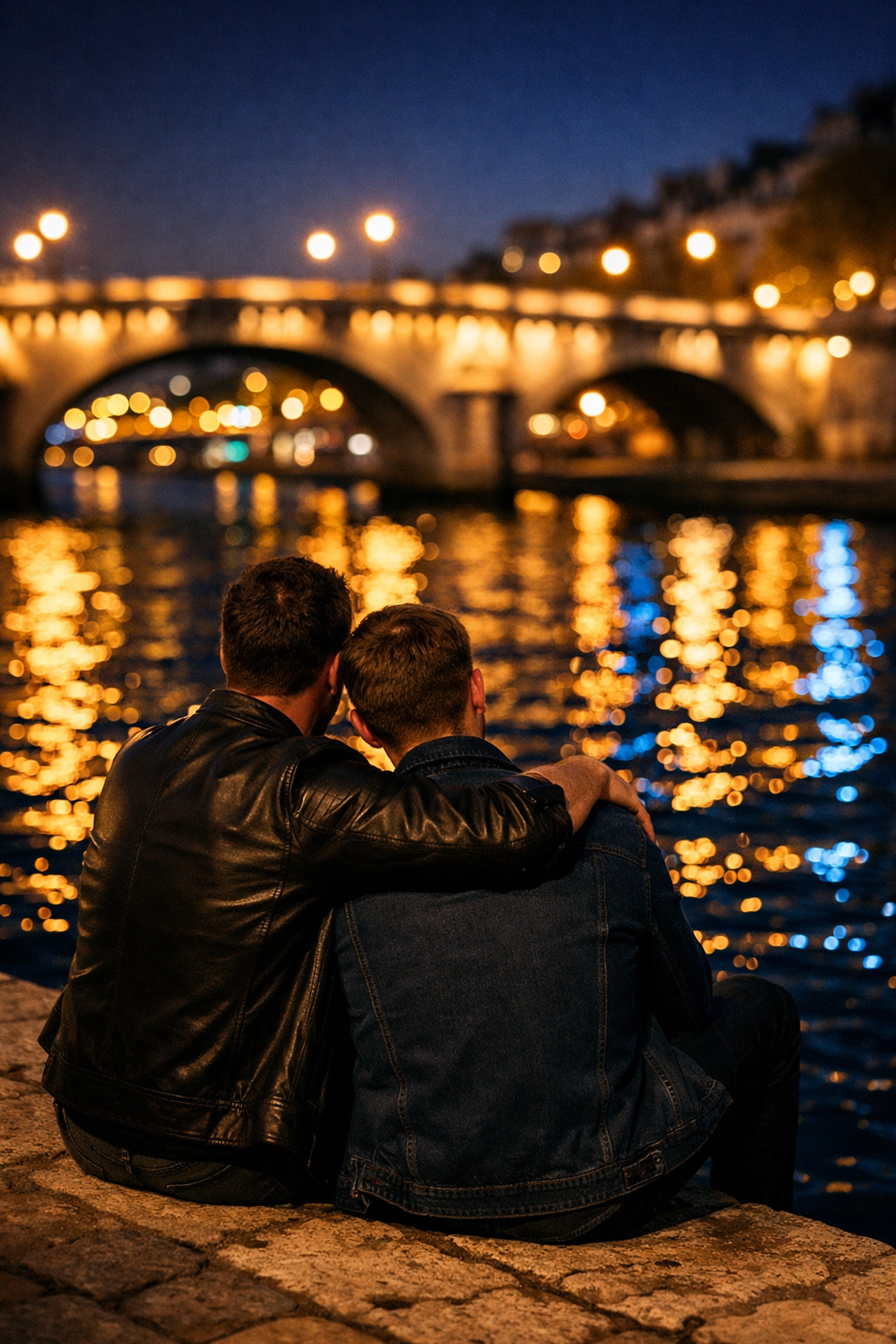 A gay couple sits by the Seine River at night, capturing the essence of European travel and gay romance.