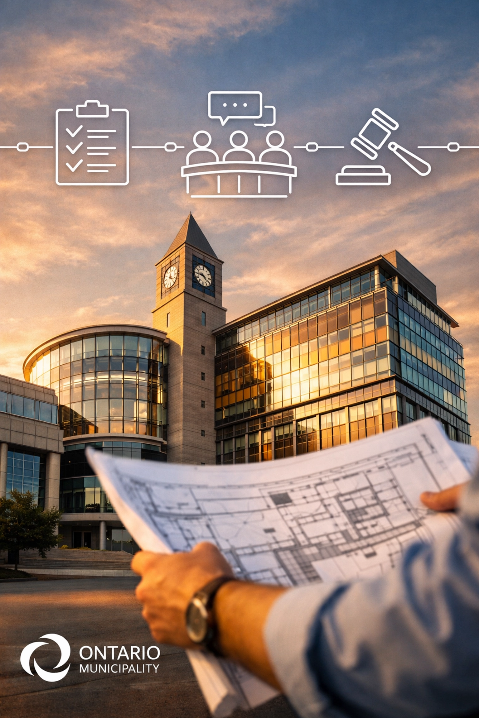 Ontario municipal building with professional site plans, representing the zoning by-law amendment process.