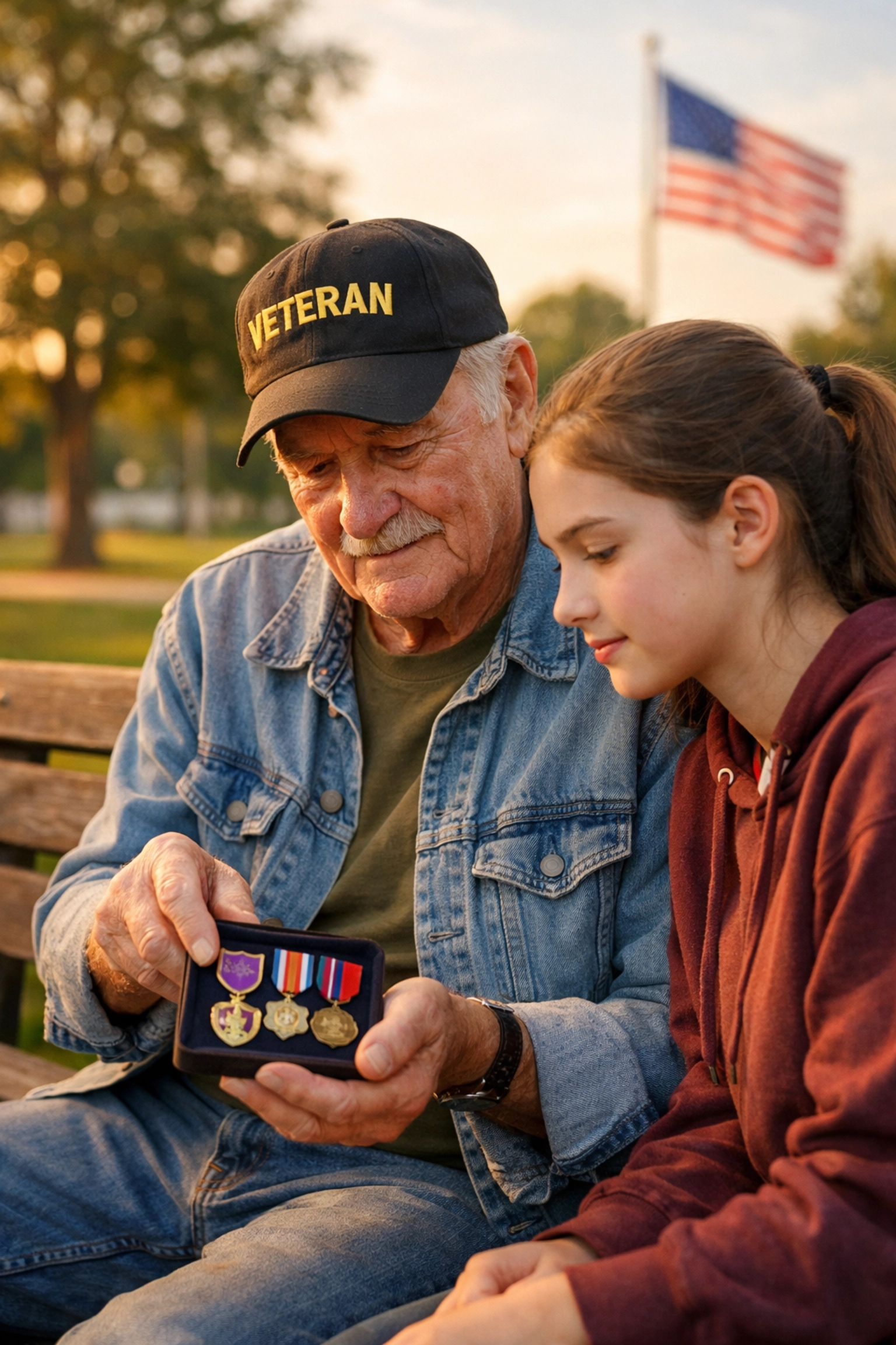 A veteran shares stories of service with a student in a park to bridge the gap between generations.