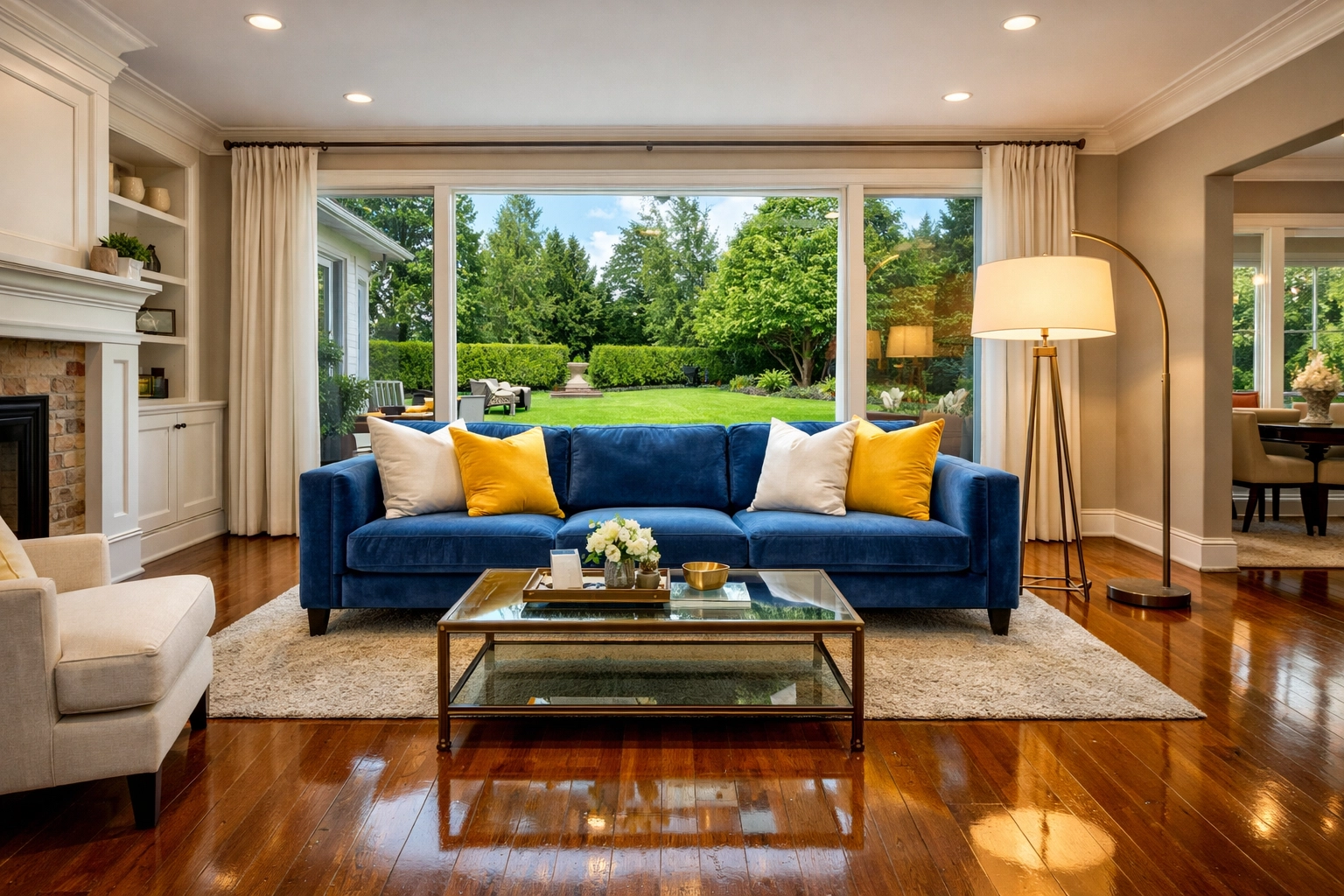 Spotless house cleaning Natick MA living room with high-shine hardwood floors and a comfortable blue sofa.