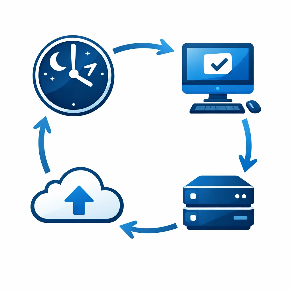 Automated backup workflow running at night to protect business data without manual effort