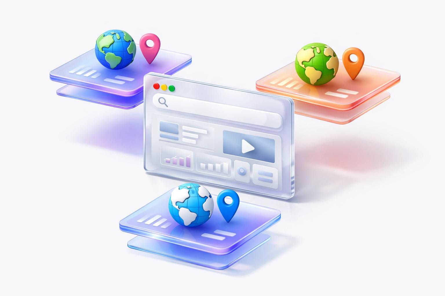 Global web architecture diagram showing multiple international market layers for Shopify e-commerce expansion.