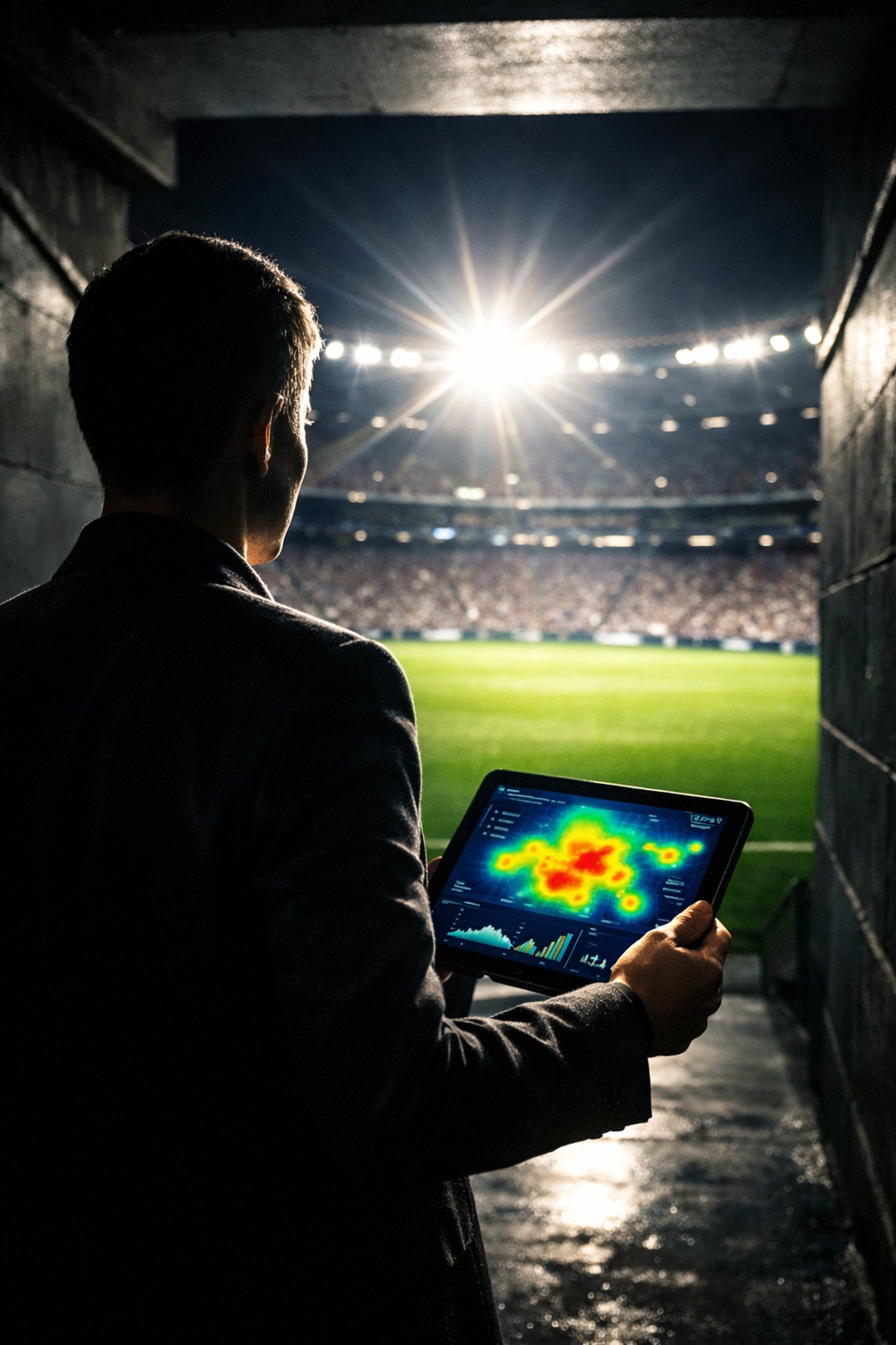 Marketing strategist tracking fan engagement data on a tablet in a sports stadium tunnel.