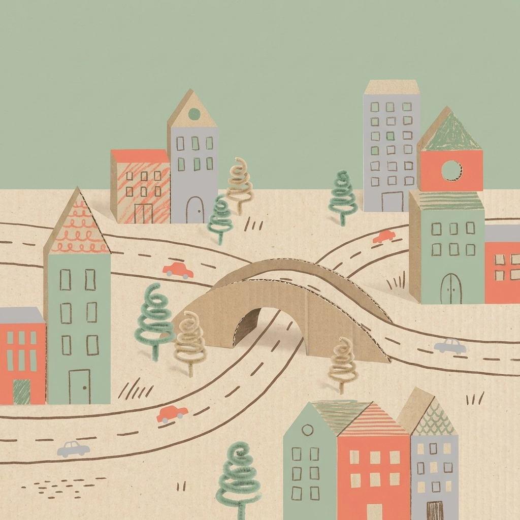 Whimsical illustration of a themed cardboard city with toy cars, bridges, and pipe cleaner trees for creative play