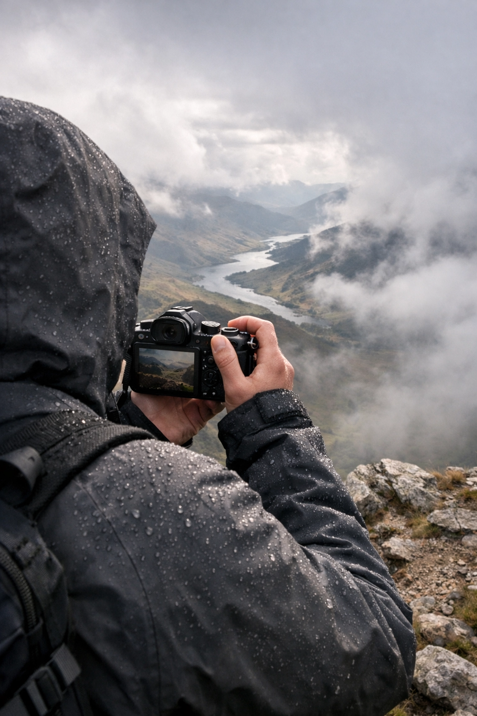 Hiker with a camera overlooking misty hills, capturing authentic travel photography locations in nature.