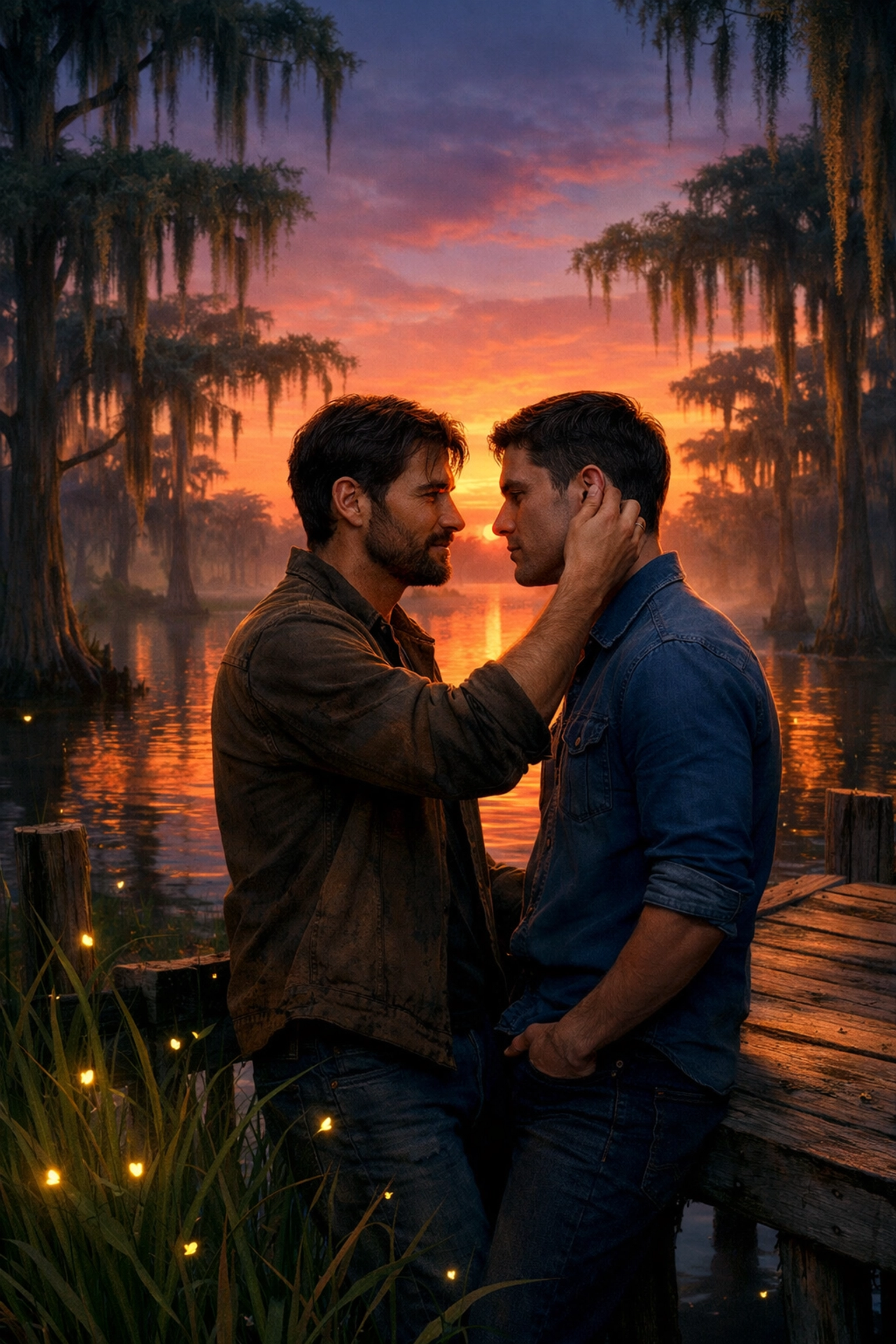 Romantic moment between two men on a Louisiana bayou pier during a colorful Southern sunset.