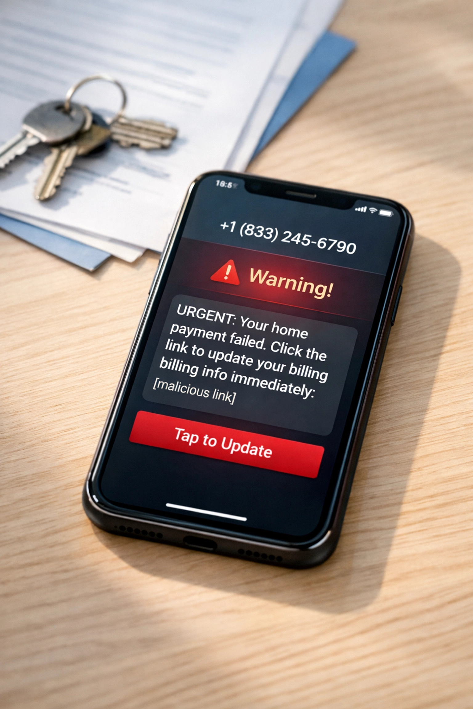 Suspicious text message scam targeting real estate buyer with house keys and closing documents