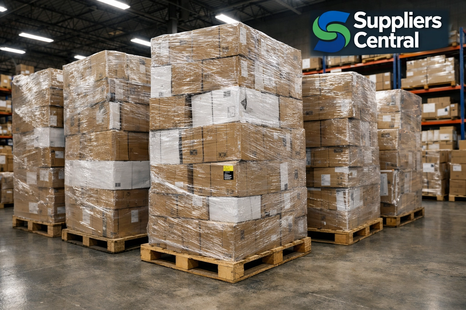 Raw liquidation pallets in a wholesale warehouse for high-volume Amazon reselling.