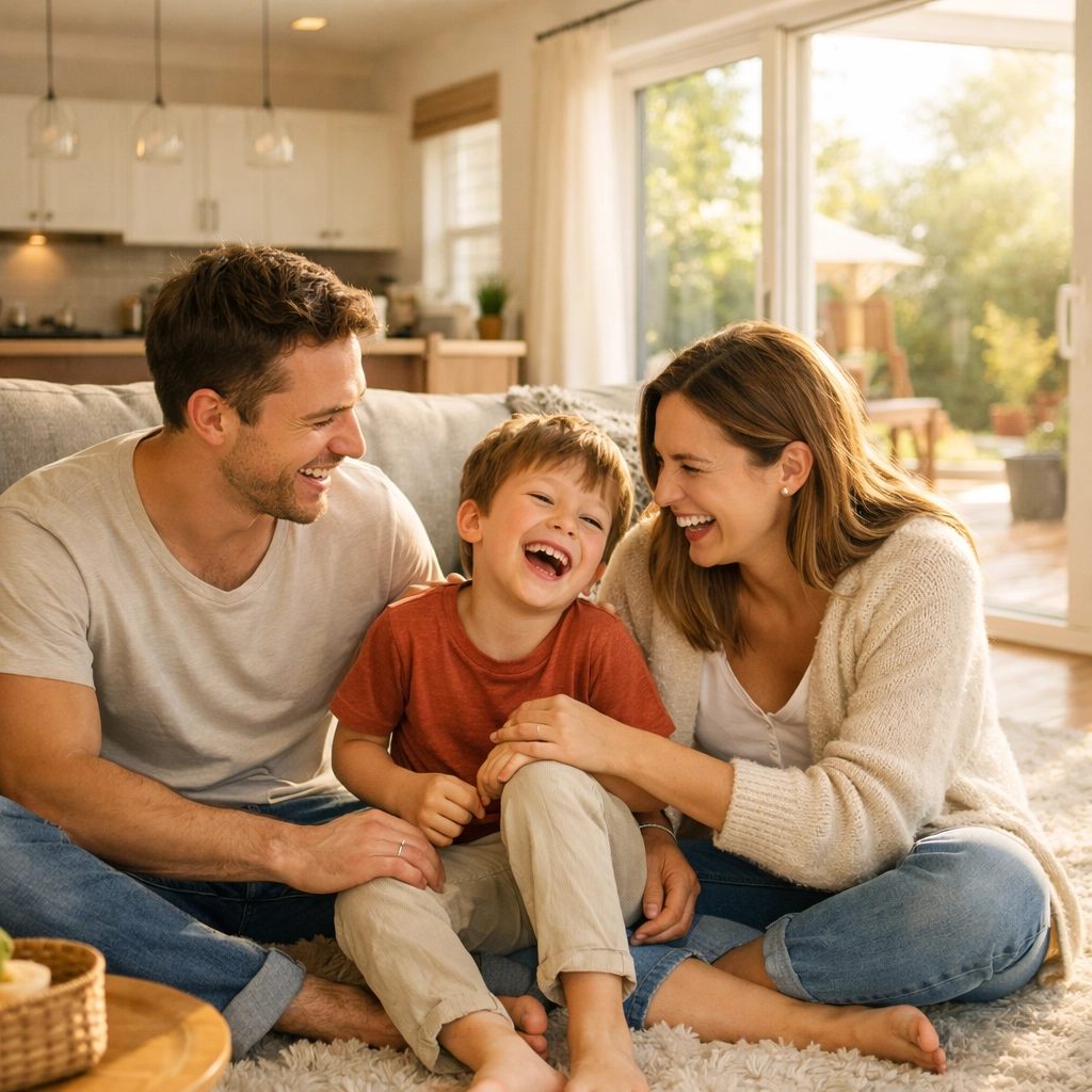 A happy family enjoying a sun-drenched, open-plan living room following a successful home renovation.