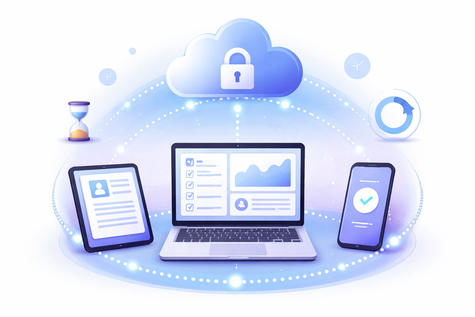 Laptops, tablets, and smartphones syncing securely through the cloud, illustrating device management for Northern Michigan IT support.