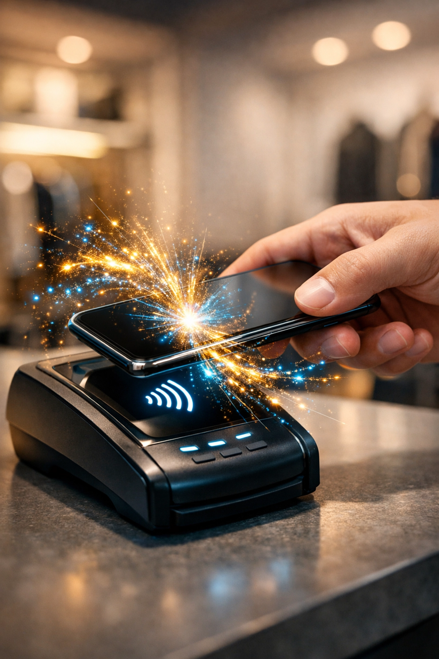 Futuristic contactless POS terminal processing a secure AI-powered Web3 crypto payment via smartphone.