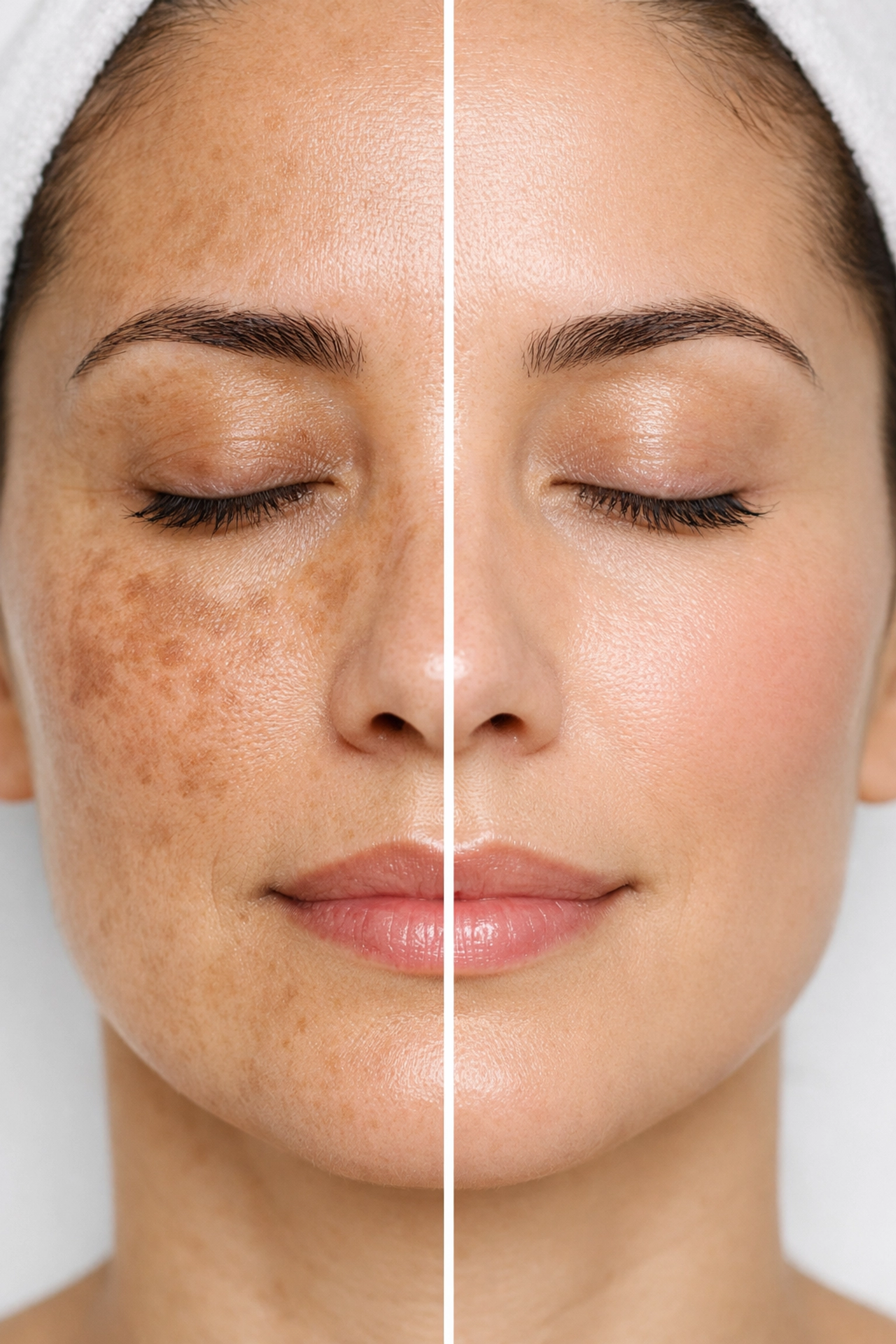 Before and after hyperpigmentation treatment showing reduced melasma and even skin tone