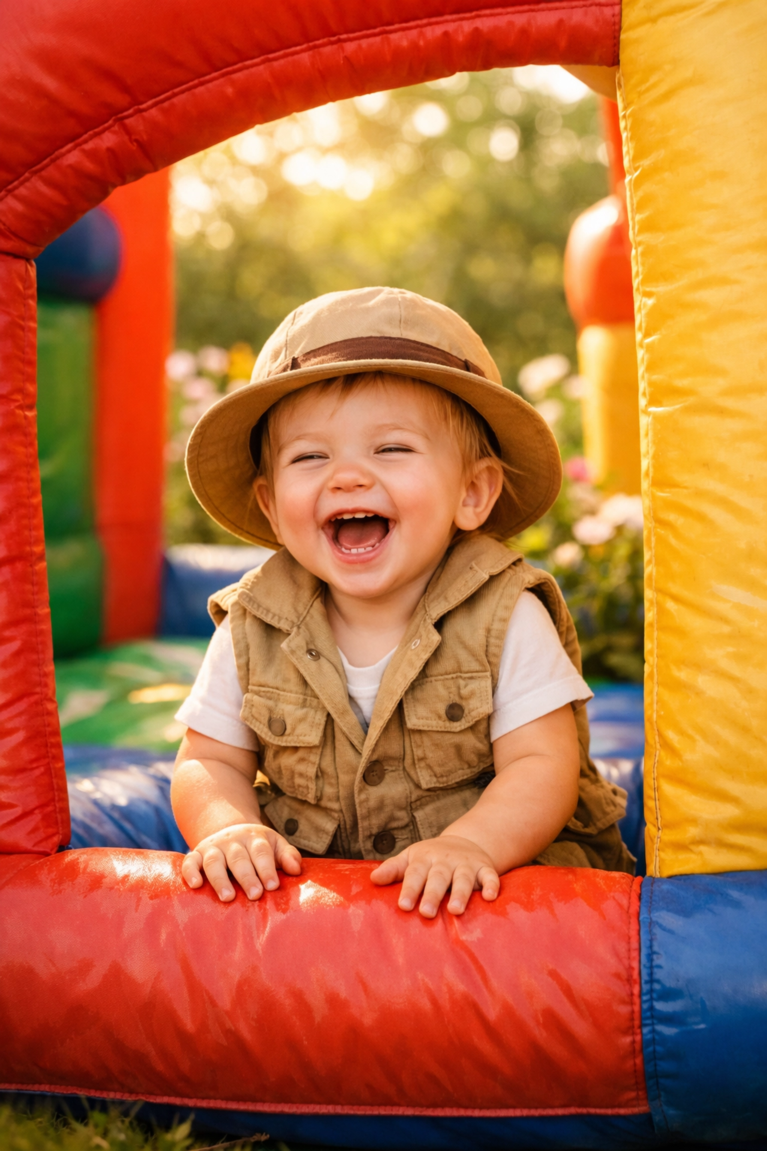 A toddler in a safari outfit enjoying a safe and colorful toddler bounce house rental in a garden.