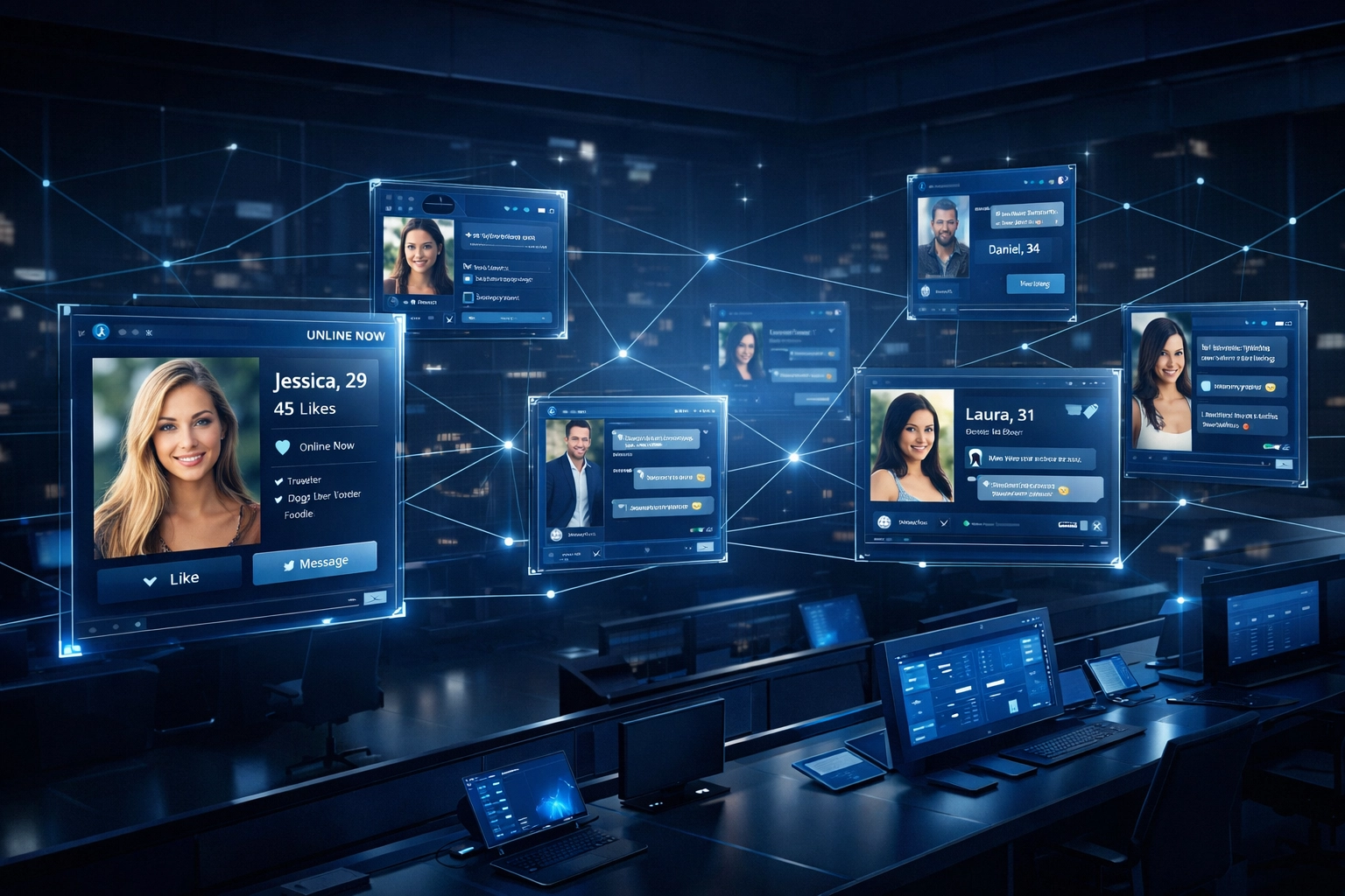 Industrial-scale romance fraud operation showing scammer managing multiple victim profiles