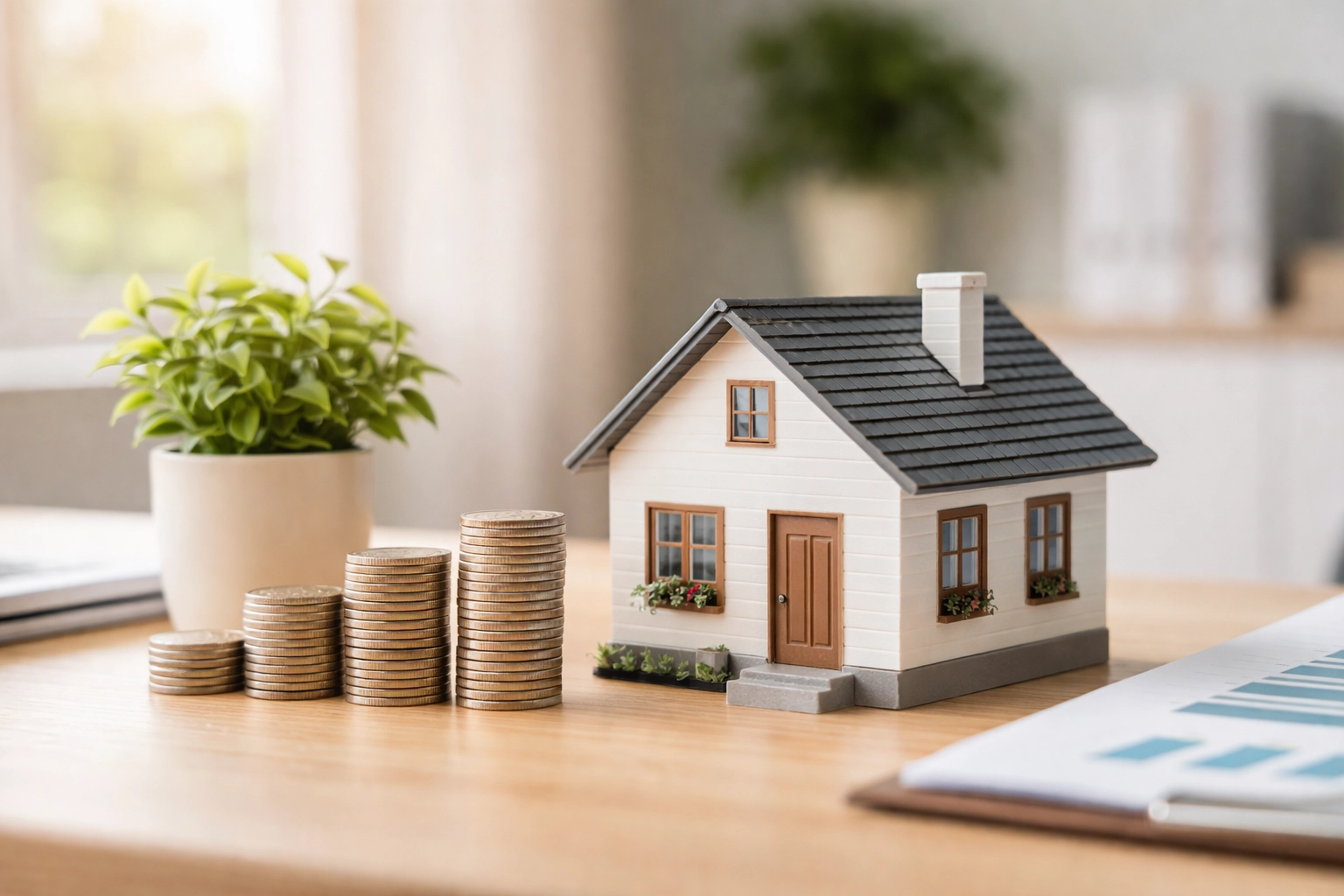 Miniature house model with stacked coins illustrating the Cash Flow Dam strategy for landlords
