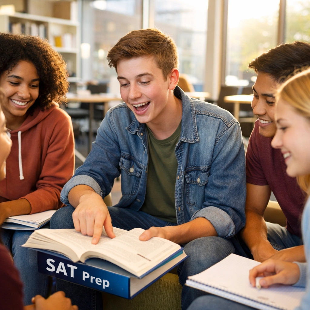 Students collaborating in SAT Reading tutoring session discussing passage analysis