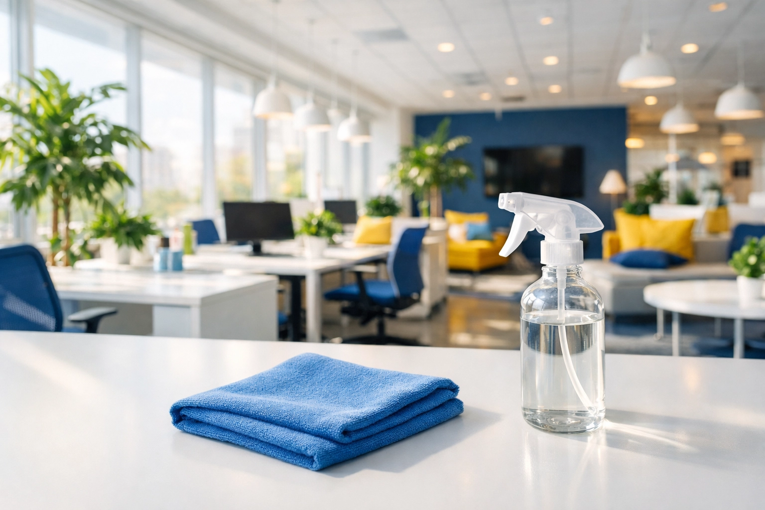 Eco-friendly cleaning supplies in a bright Holliston office promoting healthy indoor air quality.