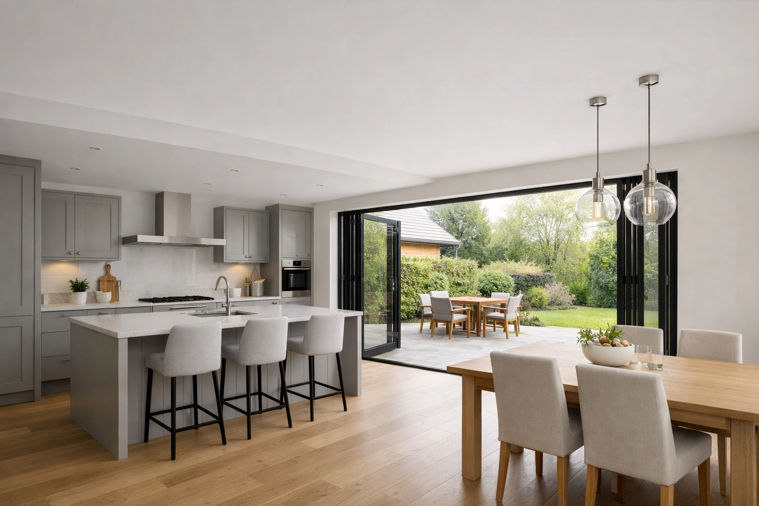 Modern open-plan kitchen extension in Surrey showing seamless structural engineering and bi-fold doors.
