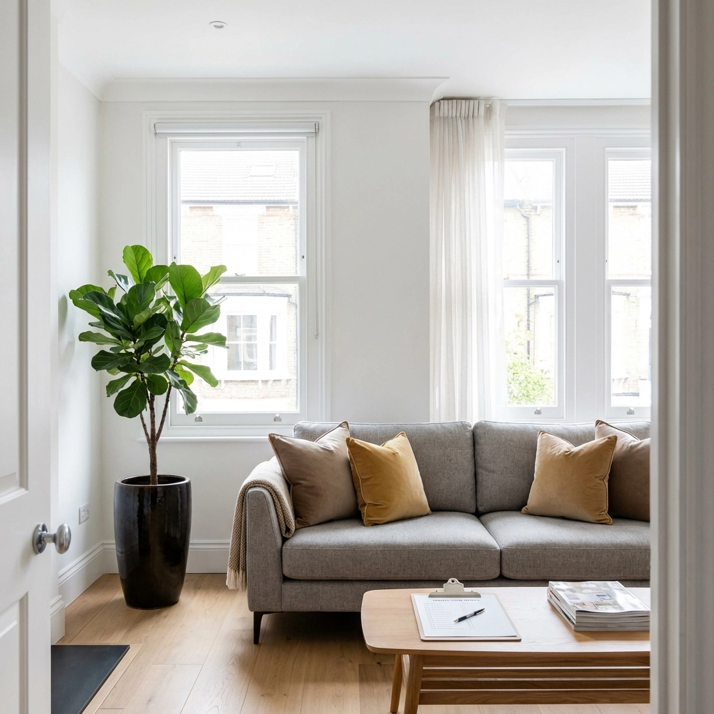 Tidy British rental living room prepared for property inspection with inspection checklist visible on table