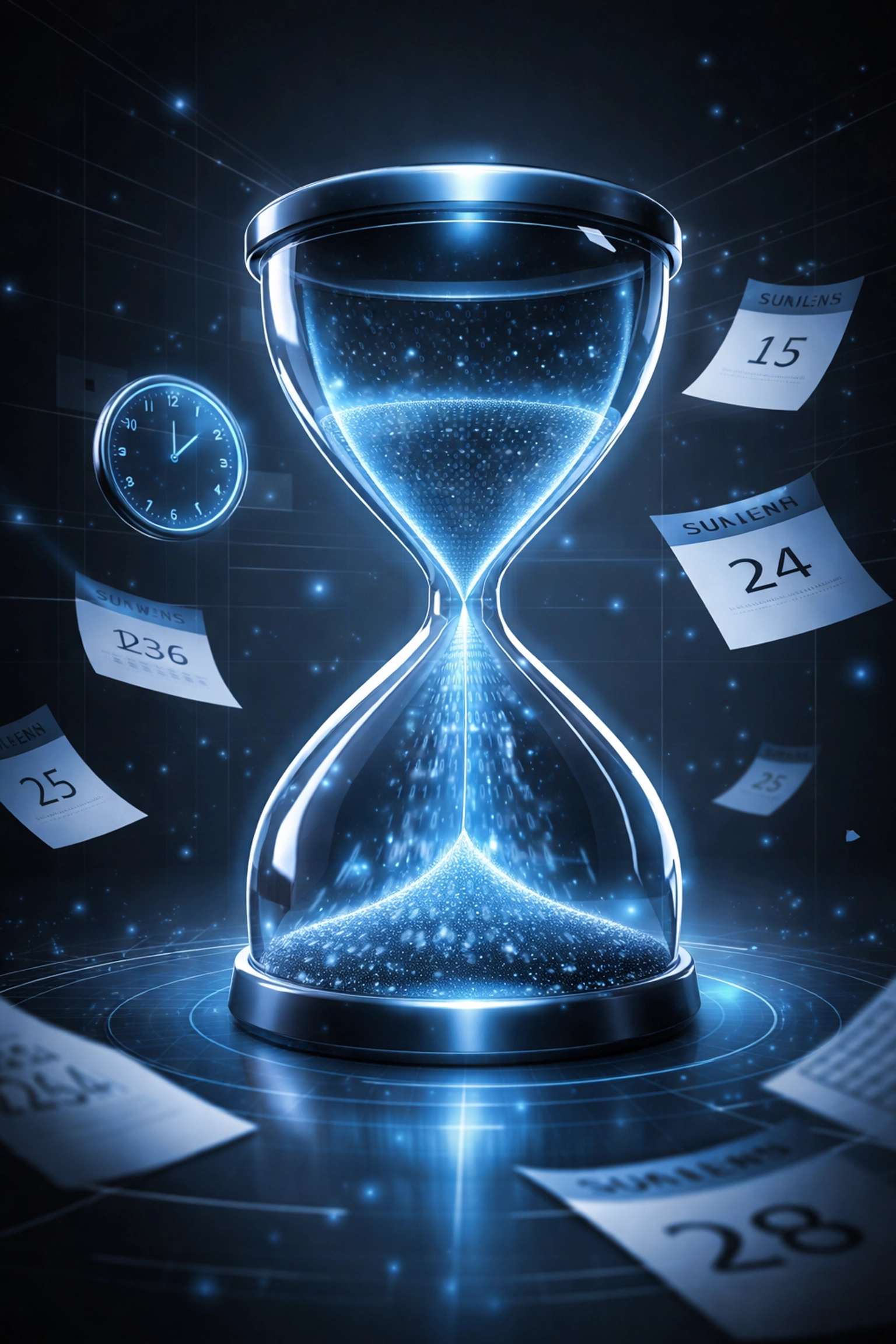 Hourglass with digital elements highlights CMMC Level 2’s demanding timeline and compliance deadlines