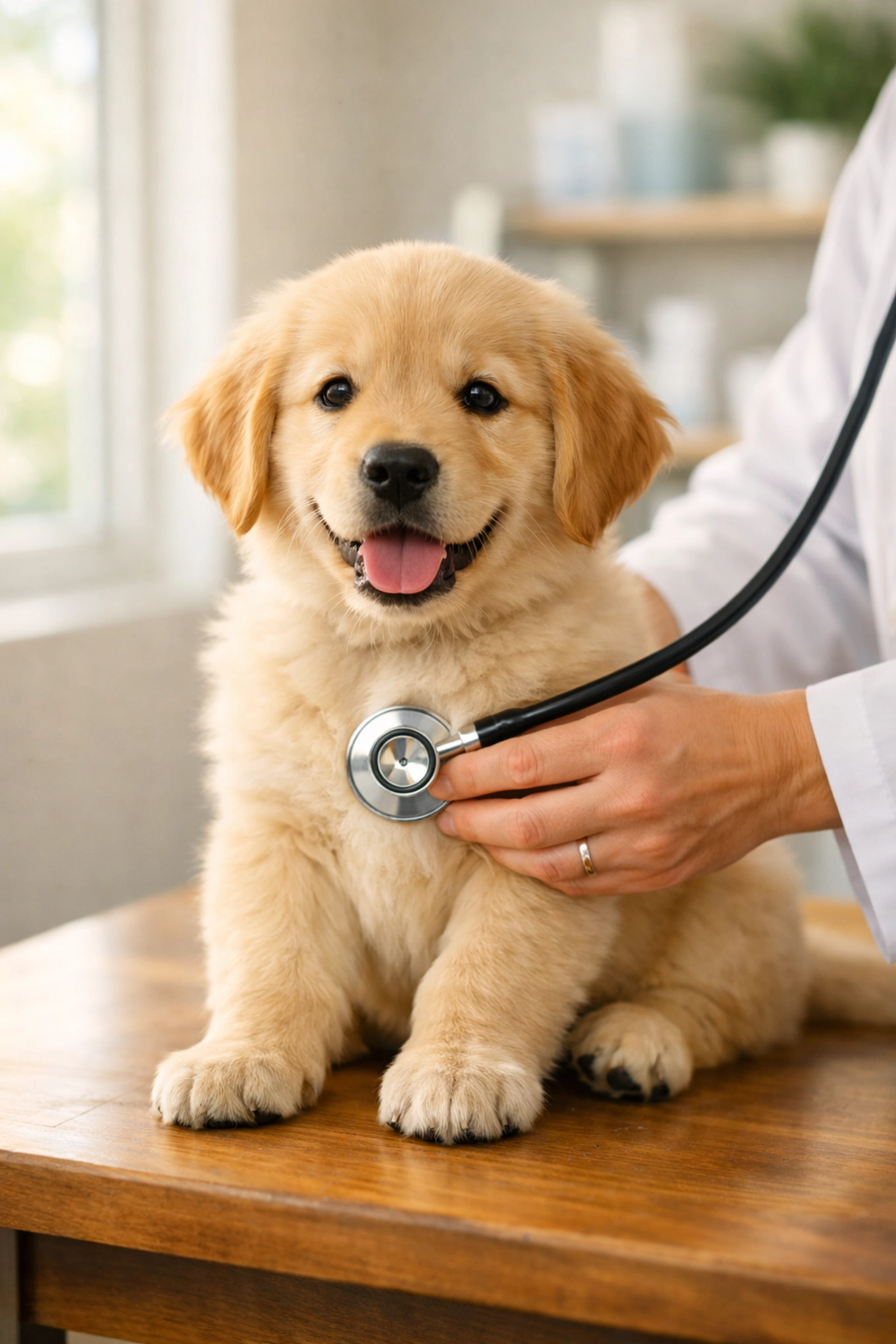 A vet checks the heart of a health tested Golden Retriever puppy from a Boring Oregon Golden Retriever breeder.